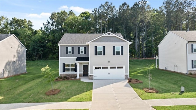 view of front of property featuring a garage and a front lawn