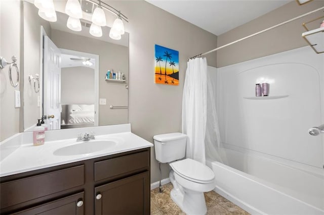3542 Chattahoochee Summit Ln SE, Atlanta, GA 30339 - ensuite bathroom featuring shower / bath combination with curtain, vanity, toilet, a ceiling fan, and tile patterned floors