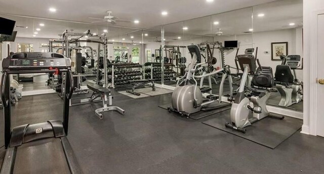 3542 Chattahoochee Summit Ln SE, Atlanta, GA 30339 - exercise room featuring a ceiling fan and recessed lighting