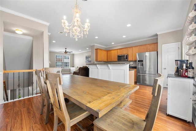 3542 Chattahoochee Summit Ln SE, Atlanta, GA 30339 - dining space featuring crown molding, a chandelier, light wood-style floors, recessed lighting, and ceiling fan