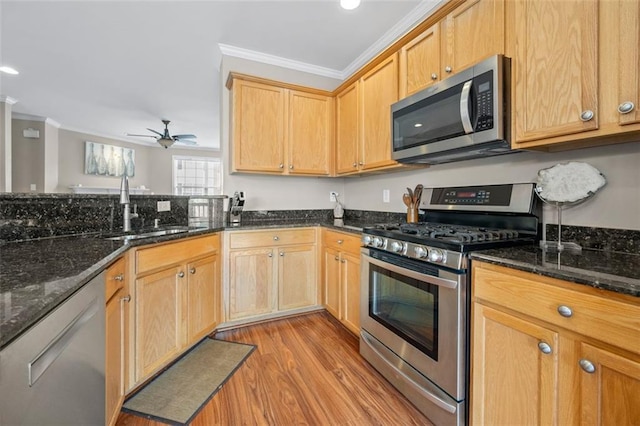 3542 Chattahoochee Summit Ln SE, Atlanta, GA 30339 - kitchen with appliances with stainless steel finishes, crown molding, a sink, light wood-style floors, and ceiling fan