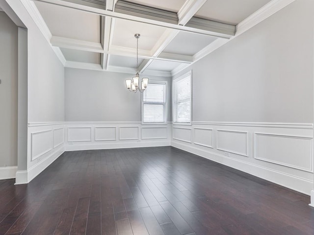 212 Torch Dr, Acworth, GA 30102 - unfurnished dining area with a chandelier, beam ceiling, coffered ceiling, dark wood-style flooring, and wainscoting