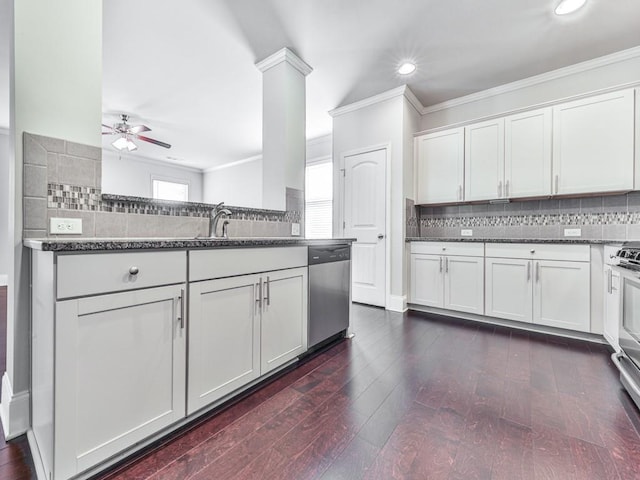 212 Torch Dr, Acworth, GA 30102 - kitchen featuring stainless steel dishwasher, ceiling fan, ornamental molding, recessed lighting, and backsplash