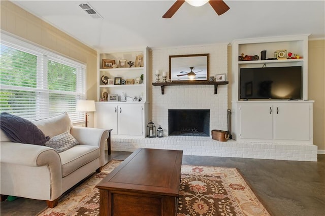 3110 Springdale Park Cir, Gainesville, GA 30506 - living area with a ceiling fan, built in features, a brick fireplace, and concrete floors