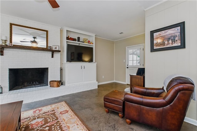 3110 Springdale Park Cir, Gainesville, GA 30506 - living room with a ceiling fan, finished concrete floors, a brick fireplace, crown molding, and baseboards