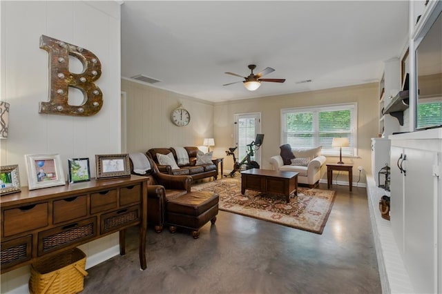 3110 Springdale Park Cir, Gainesville, GA 30506 - living area featuring a ceiling fan, finished concrete flooring, ornamental molding, and baseboards
