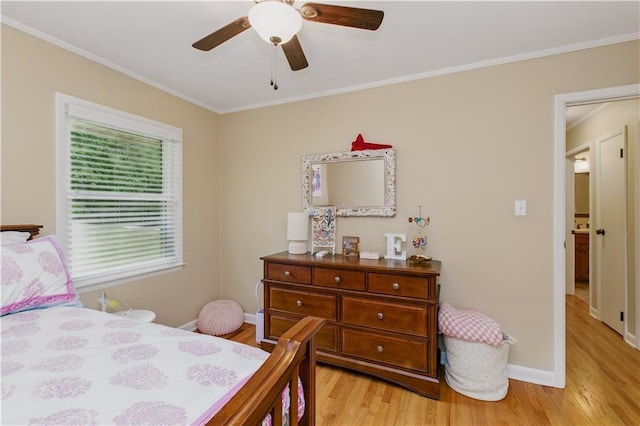 3110 Springdale Park Cir, Gainesville, GA 30506 - bedroom with light wood finished floors, ornamental molding, baseboards, and ceiling fan