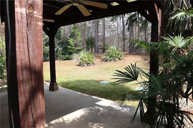 view of yard featuring a patio and a ceiling fan