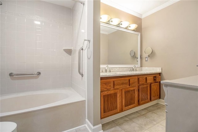 205 Peachtree Forest Ter, Peachtree Corners, GA 30092 - full bathroom with double vanity, crown molding, and  shower combination