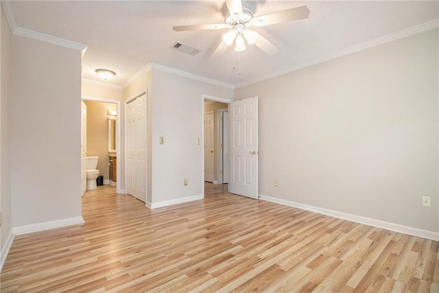 205 Peachtree Forest Ter, Peachtree Corners, GA 30092 - unfurnished bedroom with light wood-style floors, ensuite bathroom, crown molding, a closet, and a ceiling fan