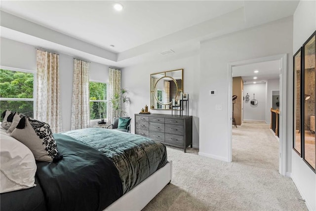 bedroom featuring a tray ceiling and light carpet