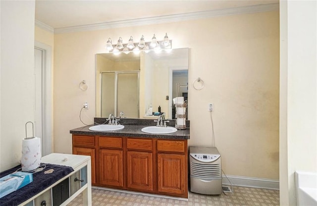 3514 Blackberry Ln SE, Conyers, GA 30094 - bathroom with tile patterned floors, a stall shower, double vanity, crown molding, and a bathtub