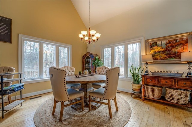 dining room featuring light hardwood / wood-style flooring, plenty of natural light, and a chandelier