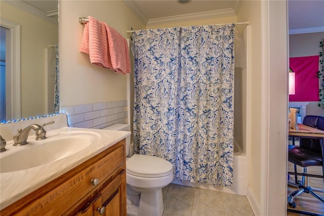 full bathroom with tile flooring, toilet, vanity, ornamental molding, and shower / tub combo with curtain