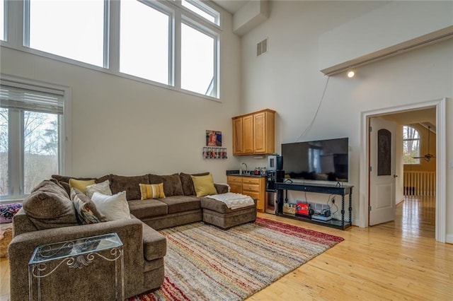 living room featuring light hardwood / wood-style flooring and a towering ceiling