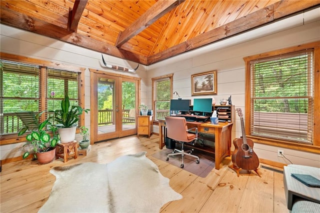 85 Misty Hollow Rdg, Ellijay, GA 30536 - office with wood ceiling, french doors, healthy amount of natural light, wood-type flooring, and wood walls