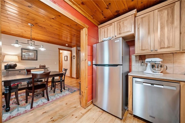 85 Misty Hollow Rdg, Ellijay, GA 30536 - kitchen featuring appliances with stainless steel finishes, wooden ceiling, light wood-type flooring, light brown cabinetry, and light countertops