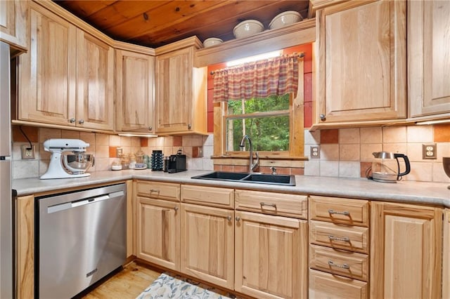 85 Misty Hollow Rdg, Ellijay, GA 30536 - kitchen featuring stainless steel dishwasher, light brown cabinets, tasteful backsplash, light countertops, and wooden ceiling
