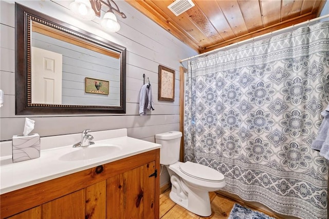 85 Misty Hollow Rdg, Ellijay, GA 30536 - bathroom with wooden ceiling, vanity, wooden walls, wood finished floors, and a shower with shower curtain