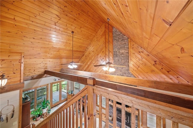 85 Misty Hollow Rdg, Ellijay, GA 30536 - hall featuring wood ceiling, wood walls, and lofted ceiling