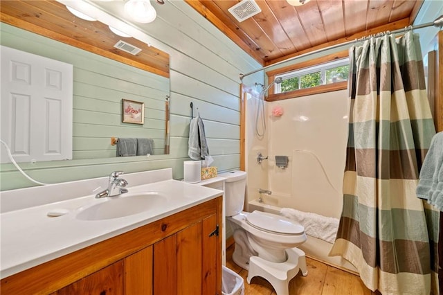 85 Misty Hollow Rdg, Ellijay, GA 30536 - full bathroom with wood ceiling, shower / tub combo, vanity, wooden walls, and wood finished floors