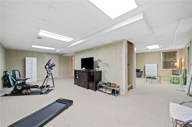 85 Misty Hollow Rdg, Ellijay, GA 30536 - workout room featuring carpet, a paneled ceiling, and wood walls