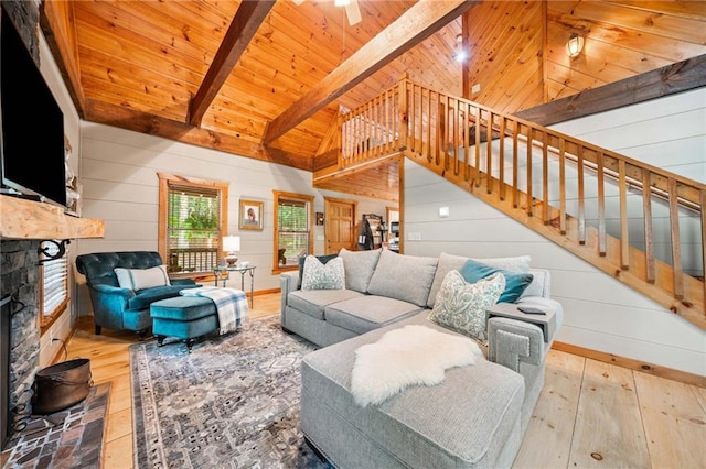 85 Misty Hollow Rdg, Ellijay, GA 30536 - living room featuring a wooden ceiling with exposed beams, a stone fireplace, hardwood / wood-style flooring, stairs, and wood walls