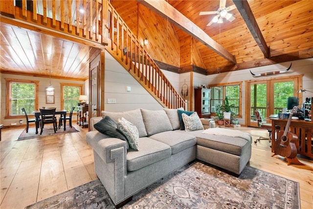 85 Misty Hollow Rdg, Ellijay, GA 30536 - living room featuring a wood ceiling with exposed beams, stairway, wood-type flooring, ceiling fan, and high vaulted ceiling