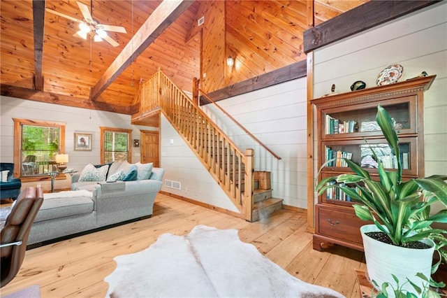 85 Misty Hollow Rdg, Ellijay, GA 30536 - living area with wood-type flooring, stairway, wood walls, and wood ceiling