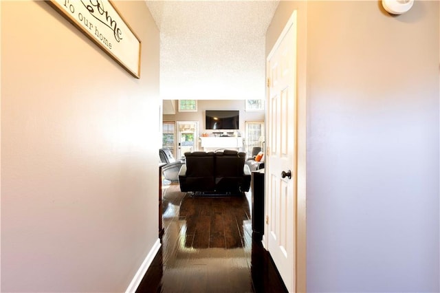 hall featuring dark hardwood / wood-style flooring and a textured ceiling