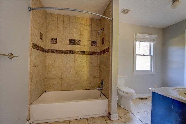 full bathroom with toilet, tiled shower / bath, vanity, and tile patterned floors