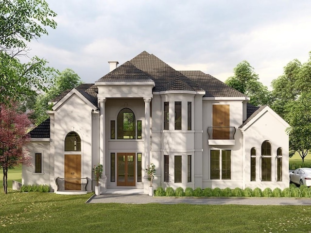 110 Serenity Pl, Fayetteville, GA 30214 - rear view of property with french doors, stucco siding, a chimney, a yard, and a tile roof