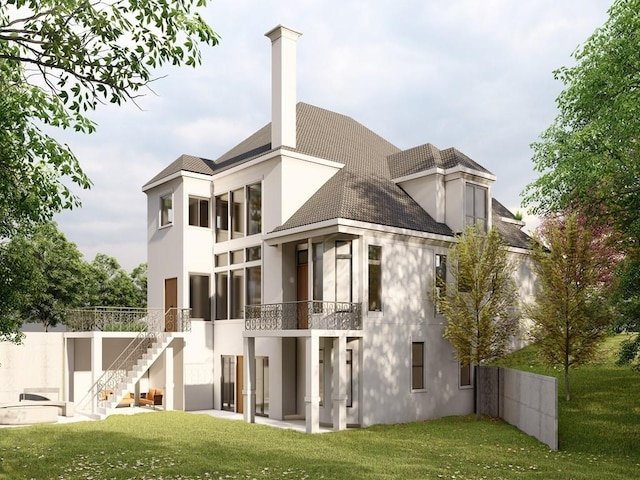 110 Serenity Pl, Fayetteville, GA 30214 - rear view of house with stucco siding, a lawn, and stairs