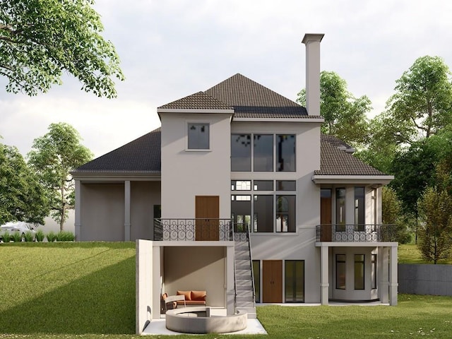110 Serenity Pl, Fayetteville, GA 30214 - back of house featuring a lawn, stucco siding, and stairs