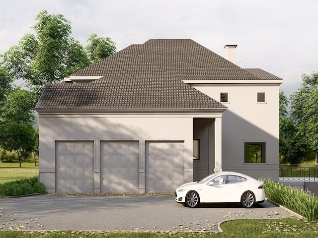 110 Serenity Pl, Fayetteville, GA 30214 - view of side of home with a tile roof, a chimney, stucco siding, and a garage