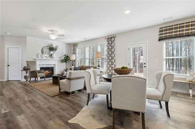 dining room featuring ceiling fan, light wood finished floors, a fireplace, baseboards, and visible vents