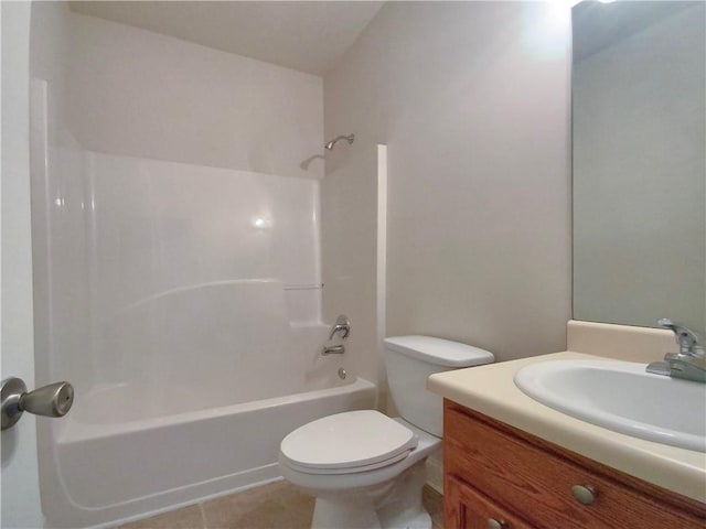 full bathroom with vanity, shower / bath combination, tile patterned flooring, and toilet