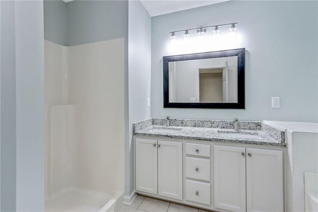 733 Wesley Chapel Rd, Villa Rica, GA 30180 - full bathroom with double vanity, a shower, tile patterned flooring, and a tub