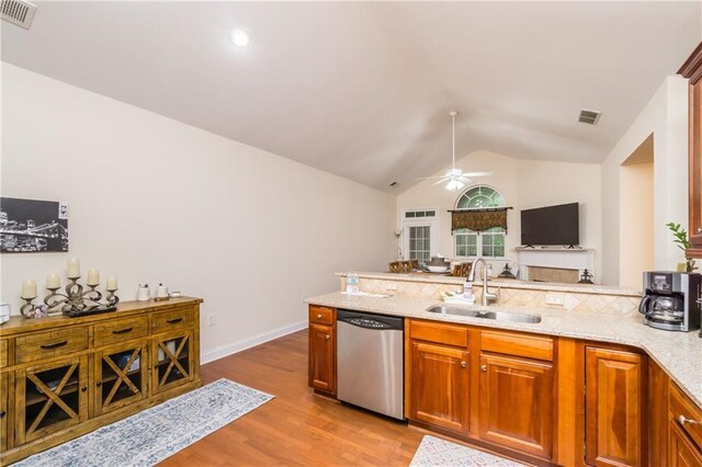 2623 Grapevine Cir Unit 602, Cumming, GA 30041 - kitchen with ceiling fan, a sink, dishwasher, vaulted ceiling, and visible vents