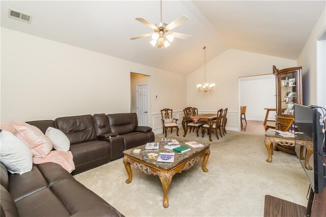 2623 Grapevine Cir Unit 602, Cumming, GA 30041 - living area with ceiling fan with notable chandelier, carpet floors, lofted ceiling, and visible vents