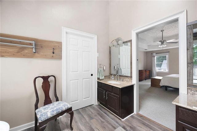 bathroom with a ceiling fan, wood finished floors, vanity, a tray ceiling, and ensuite bath