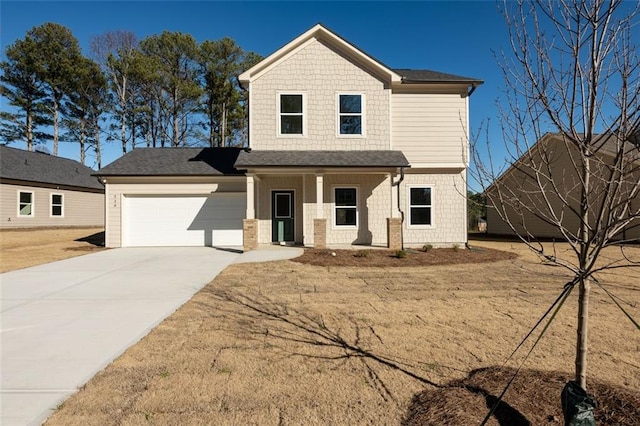 view of front of property featuring a porch and a garage