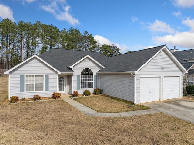 ranch-style home featuring a garage, driveway, a front lawn, and roof with shingles