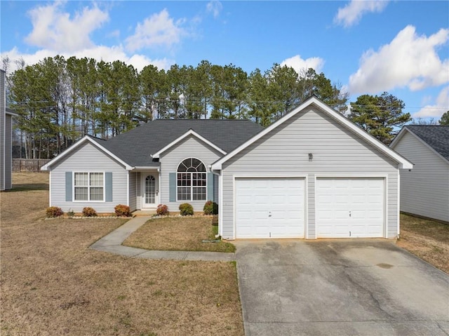 single story home with driveway, an attached garage, a shingled roof, and a front yard