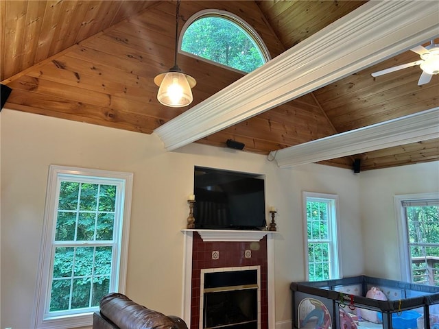 279 Gartrell St, Ellijay, GA 30540 - living area featuring wooden ceiling, ceiling fan, and a tiled fireplace