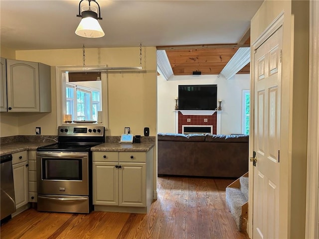 279 Gartrell St, Ellijay, GA 30540 - kitchen featuring stainless steel appliances, light wood finished floors, dark countertops, and a fireplace