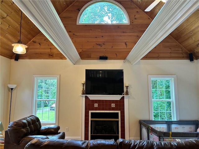 279 Gartrell St, Ellijay, GA 30540 - living room with wood ceiling, healthy amount of natural light, and a fireplace