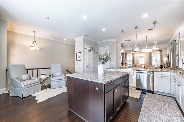 kitchen featuring open floor plan, dark brown cabinetry, light stone countertops, dishwasher, and dark wood-style flooring