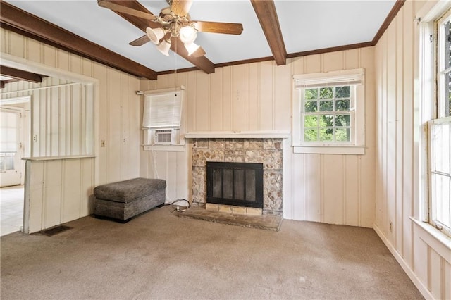 5128 Lavista Rd, Tucker, GA 30084 - unfurnished living room with beam ceiling, carpet flooring, ceiling fan, a fireplace, and cooling unit