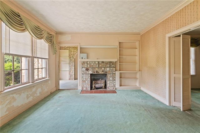 5128 Lavista Rd, Tucker, GA 30084 - unfurnished living room with wallpapered walls, carpet, a tiled fireplace, a textured ceiling, and crown molding